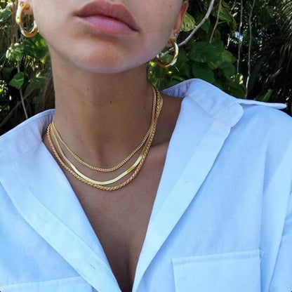 LeLu Ketting Dames - Goudkleurig - Goldplated - 3 delig - Choker - Schakelketting - Sierraden - 41.9cm - Met cadeauverpakking