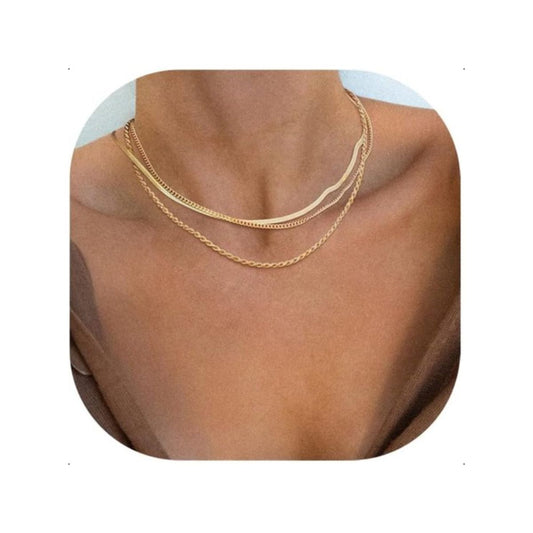 LeLu Ketting Dames - Goudkleurig - Goldplated - 3 delig - Choker - Schakelketting - Sierraden - 41.9cm - Met cadeauverpakking