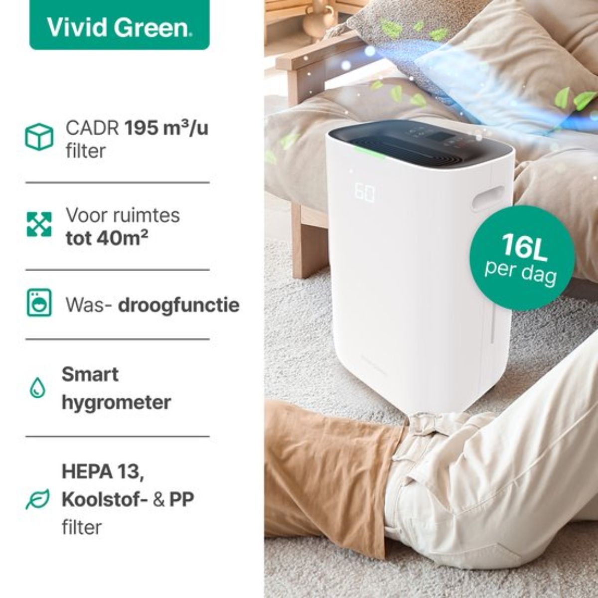 Luchtontvochtiger en Luchtreiniger - 12L - HEPA filter - 210W - Wit