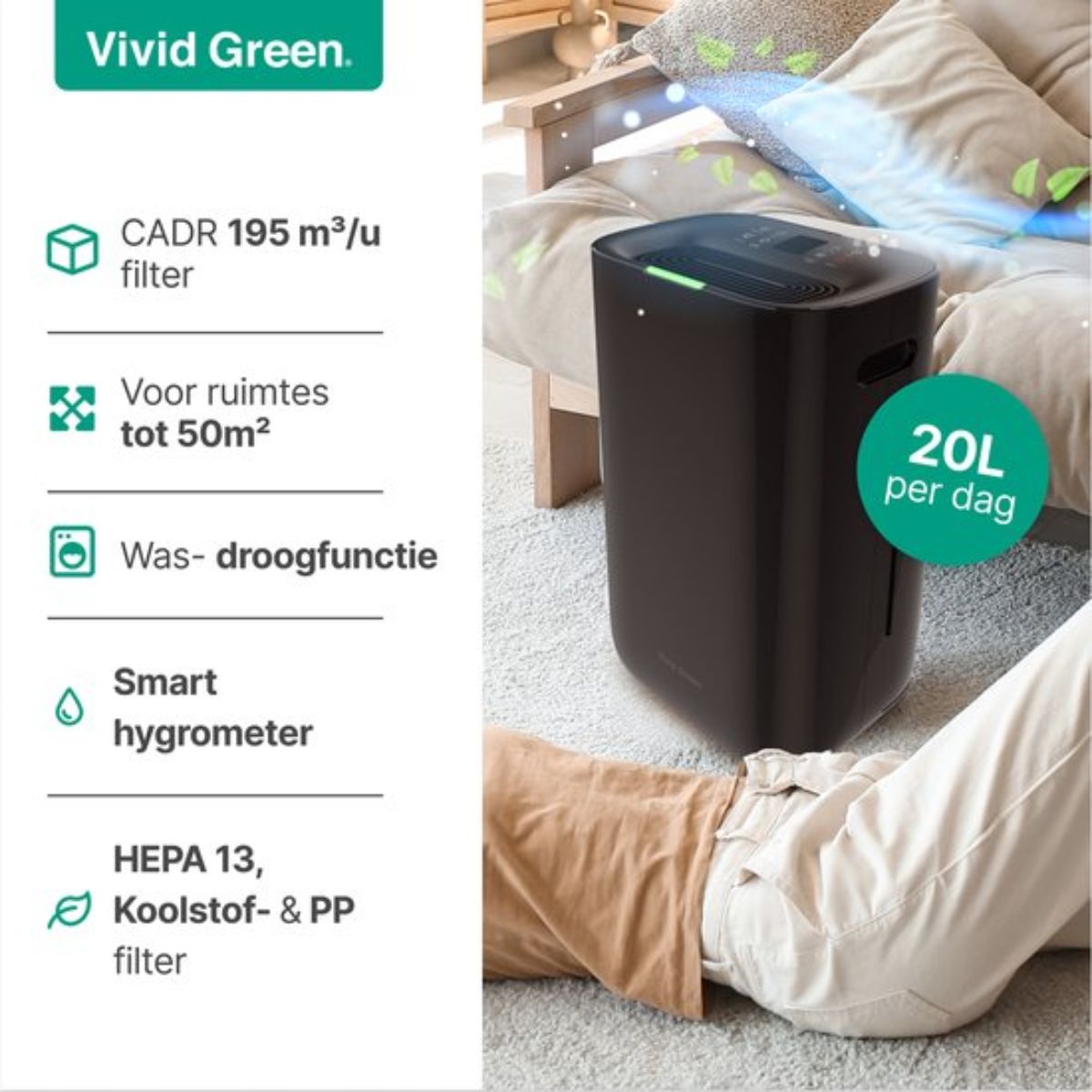 Luchtontvochtiger en Luchtreiniger - 20L- HEPA filter - 320W - Zwart