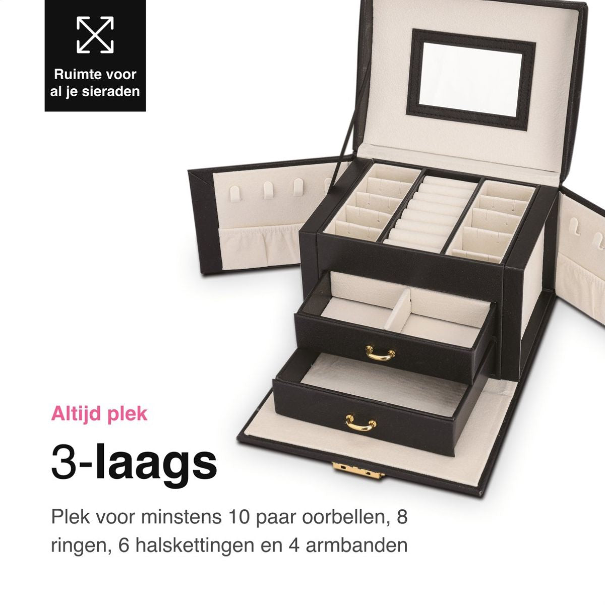 Luxe Sieradendoos met spiegel - Juwelendoos - Sieradendoosje - Sieraden - Doos - Houder - Doosje - Zwart