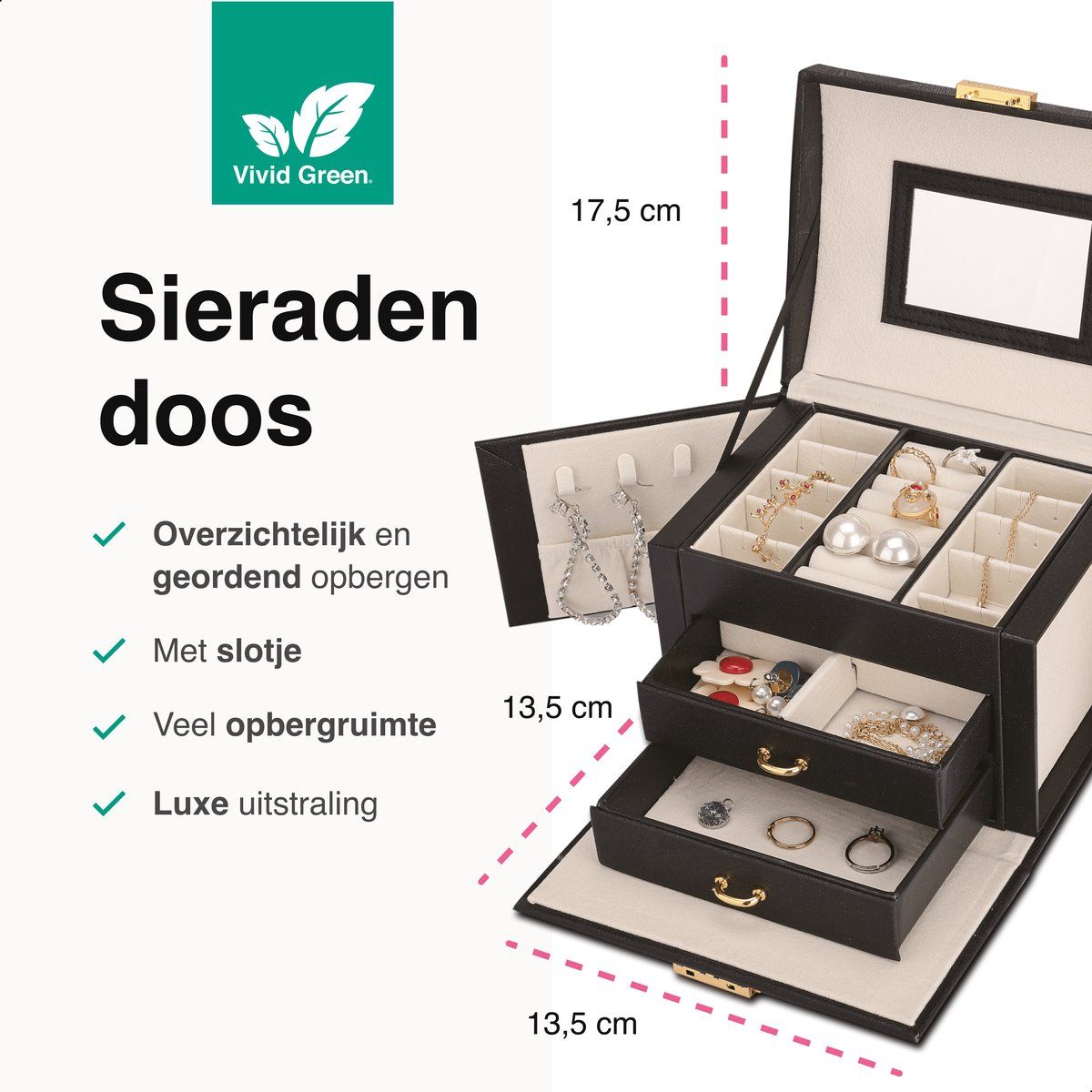 Luxe Sieradendoos met spiegel - Juwelendoos - Sieradendoosje - Sieraden - Doos - Houder - Doosje - Zwart