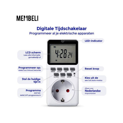 Membeli Tijdschakelaar voor Binnen - Schakelklok Stopcontact - Type F - Digitaal - Timer Schakelaar - LCD Display - Tijdschakelklok
