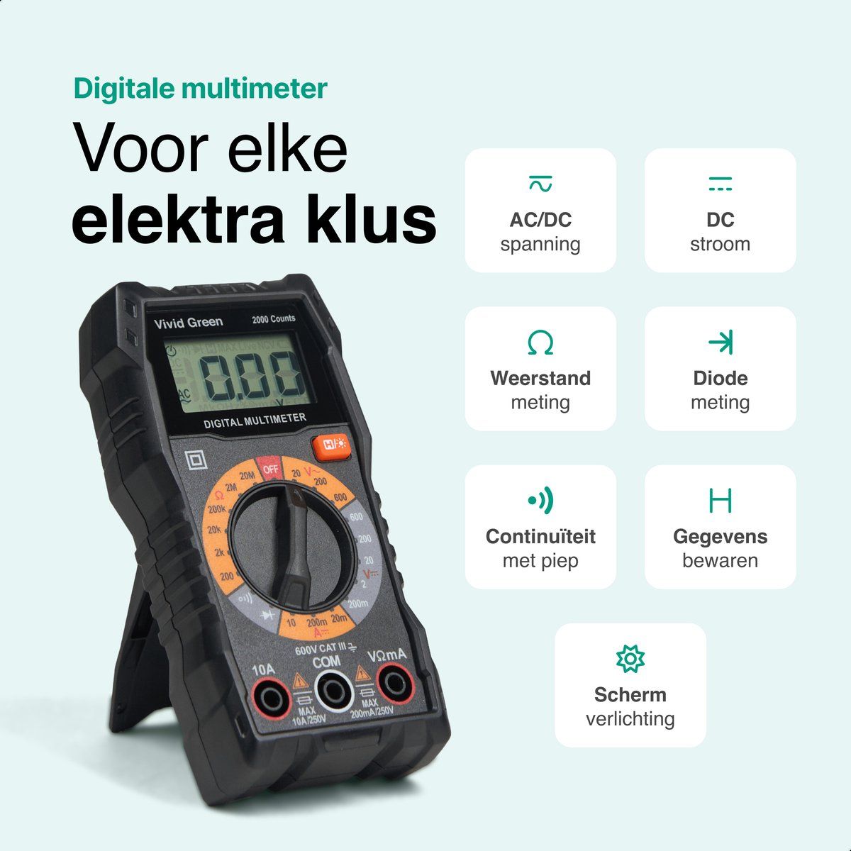 Digitale Multimeter – Slimme Spanningsmeter – Incl. Opberghoesje, Klemtangen En Meet Pinnen – Zwart