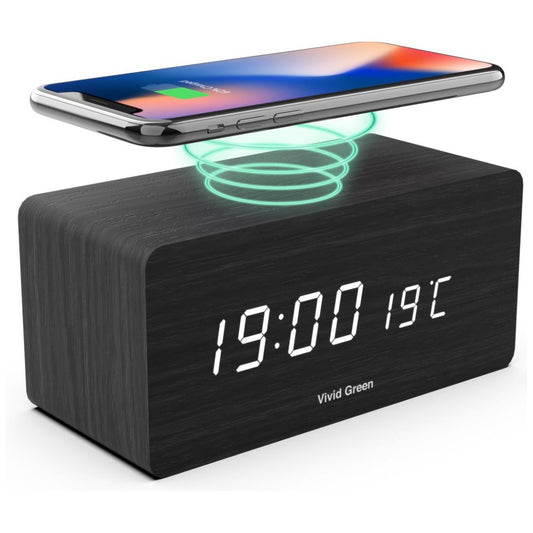 Houten Digitale Wekker met Draadloos Opladen - Wekkers Digitaal - Thermometer Functie - Alarm - QI Wireless Charger - Incl. Adapter