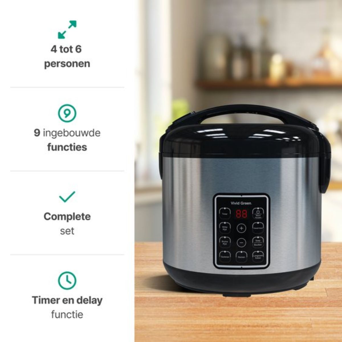 Rijstkoker met Stomer - 1.8L - 9 functies - Slowcooker - Warmhoudfunctie - 700W - 6 tot 8 Personen - RVS