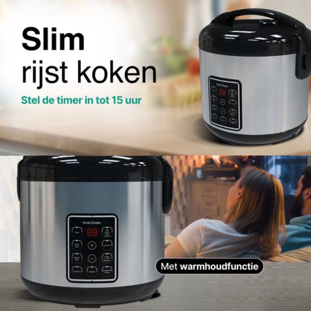 Rijstkoker met Stomer - 1.8L - 9 functies - Slowcooker - Warmhoudfunctie - 700W - 6 tot 8 Personen - RVS