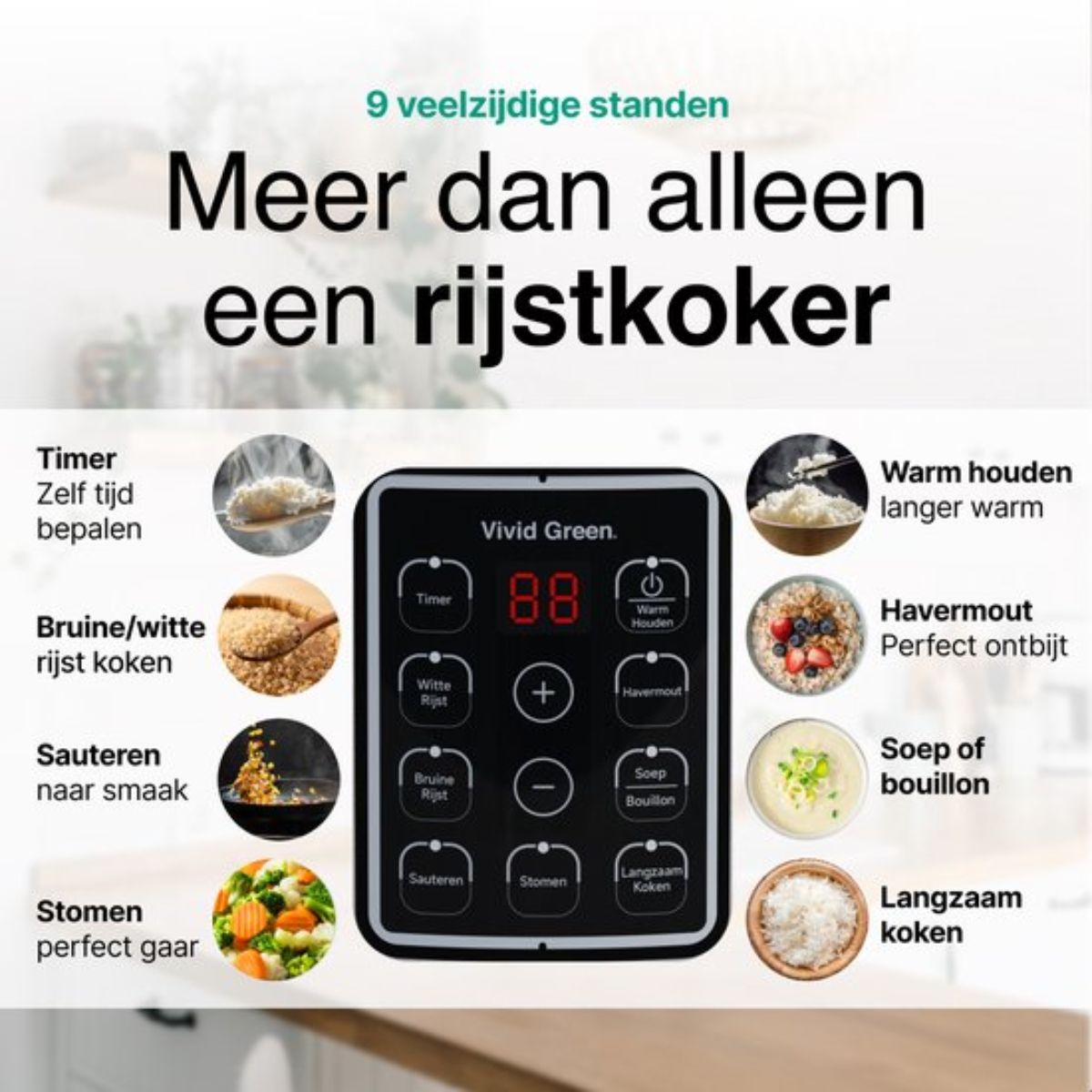 Rijstkoker met Stomer - 1.8L - 9 functies - Slowcooker - Warmhoudfunctie - 700W - 6 tot 8 Personen - RVS