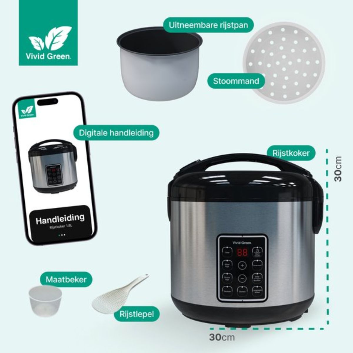 Rijstkoker met Stomer - 1.8L - 9 functies - Slowcooker - Warmhoudfunctie - 700W - 6 tot 8 Personen - RVS