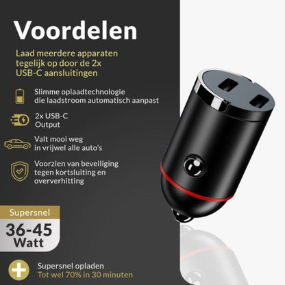 Surge 45W Autolader met USB C - Snellader met 2x USB-C Output - Auto Oplader met PD Fast Charge