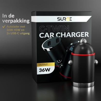 Surge 45W Autolader met USB C - Snellader met 2x USB-C Output - Auto Oplader met PD Fast Charge