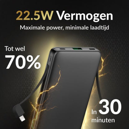 Powerbank 10.000mAh met ingebouwde USB-C en Lightning Kabels – 22,5W Snellader geschikt voor iPhone en Samsung - Wit
