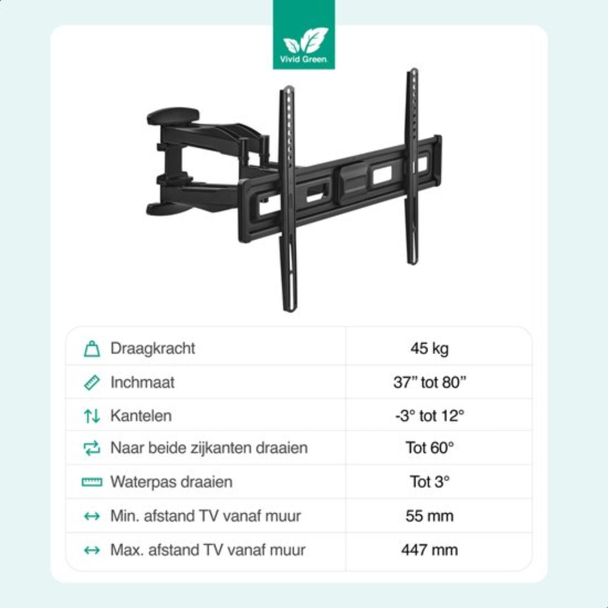 TV Beugel – Kantel- en Draaibaar – Geschikt voor 37 tot 80 Inch – Zwart