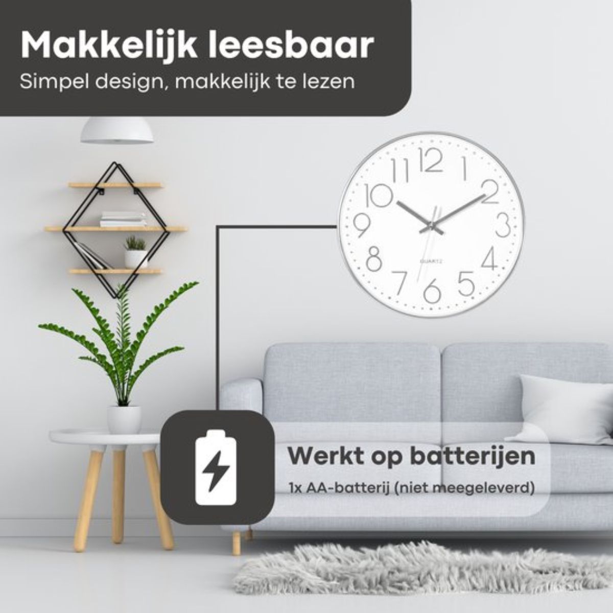 Tyme Wandklok - 40cm Klok Modern - Muurklok - Analoog - Stil Uurwerk - Quartz - Wit Zilver