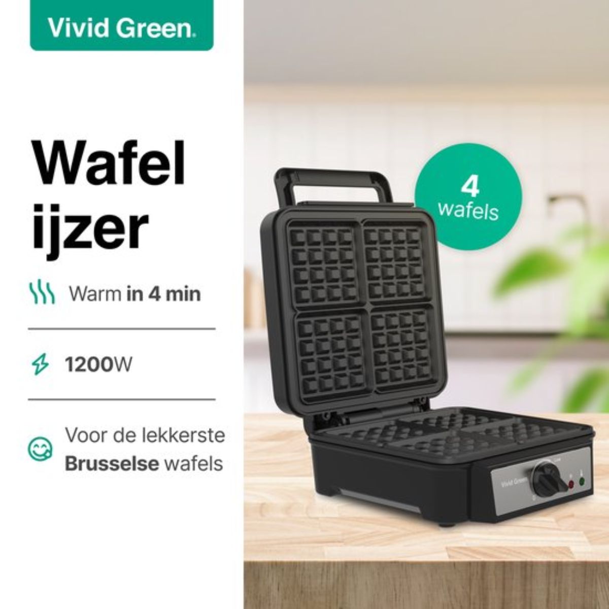 Wafelijzer voor 4 Wafels - Wafelmaker - Antiaanbaklaag - Temperatuur instelbaar - Zwart