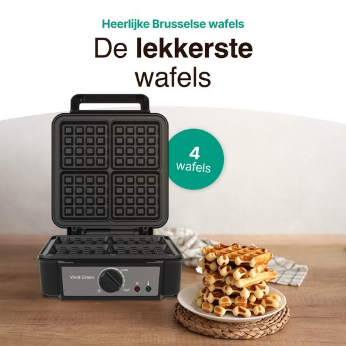 Wafelijzer voor 4 Wafels - Wafelmaker - Antiaanbaklaag - Temperatuur instelbaar - Zwart