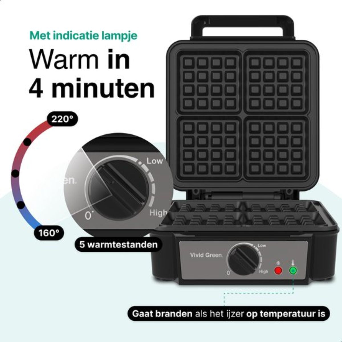 Wafelijzer voor 4 Wafels - Wafelmaker - Antiaanbaklaag - Temperatuur instelbaar - Zwart