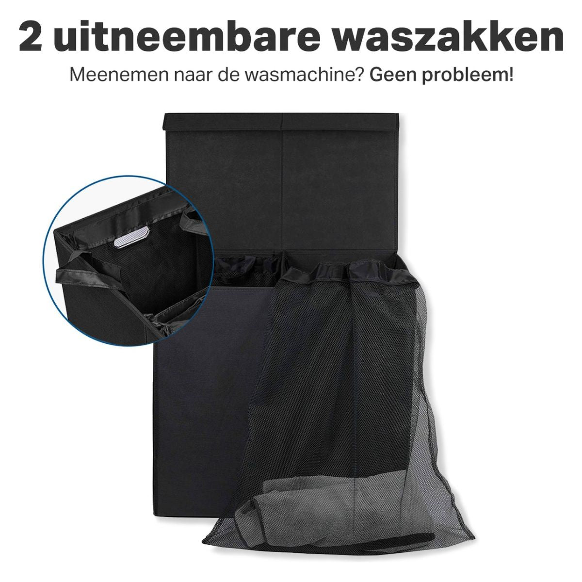 Wasmand Met Deksel – Uitneembare Waszakken – 120L – Zwart